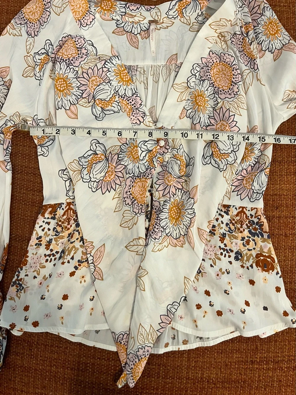 Free People Boho “Run Free” Floral Blouse - White with Orange & Lavender Size S
